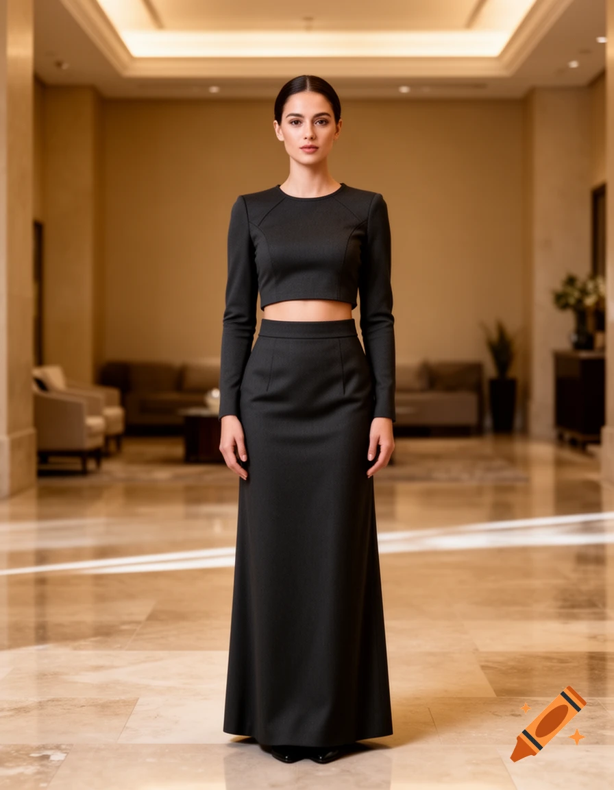 Photorealistic full-body shot of a woman wearing a black long-sleeve crop top and matching long skirt in a hotel lobby.