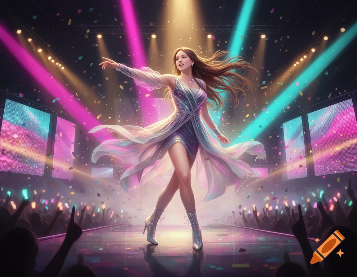 A female idol in a sparkling dress dancing on a stage with colorful spotlights and confetti.