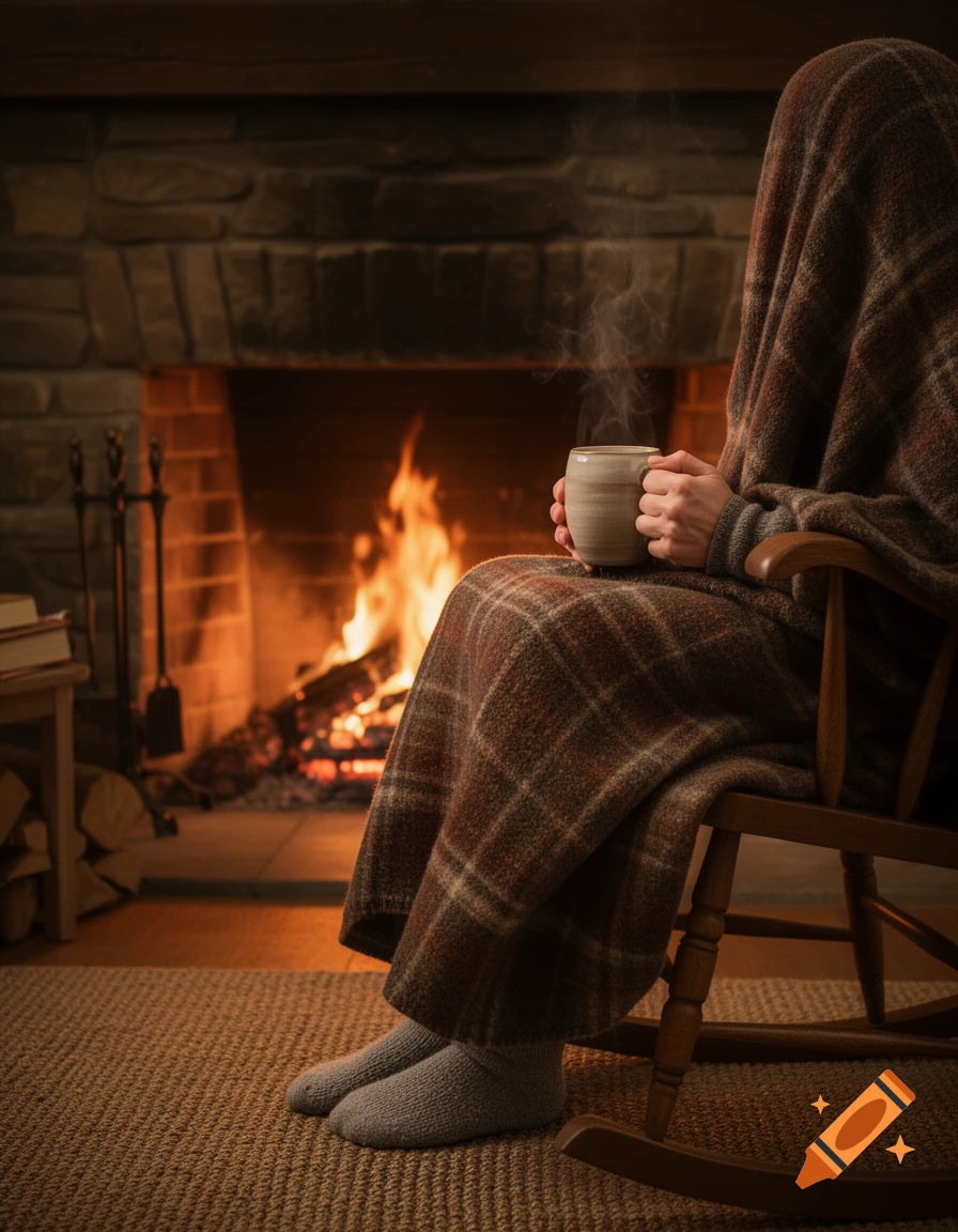 A person completely covered by a plaid blanket sitting in a wooden rocking chair holding a steaming mug in front of a warm fireplace, photorealistic.
