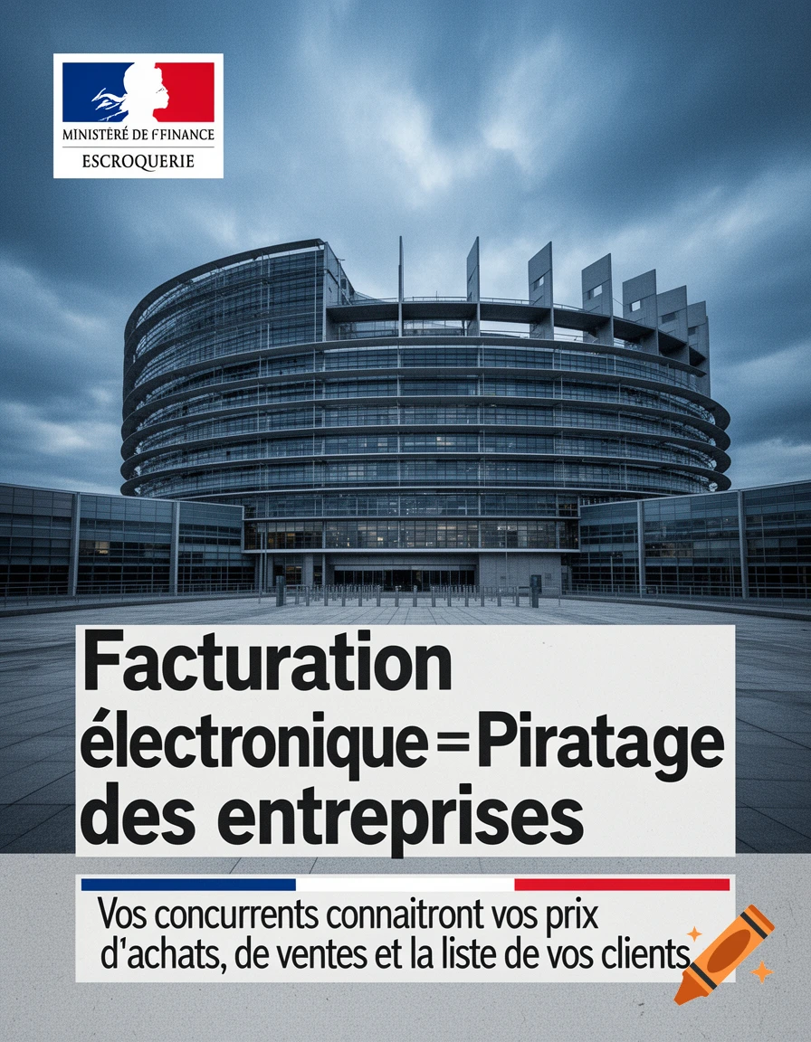 Photorealistic poster featuring the European Parliament building with French text about electronic invoicing and a mocked ministry logo.