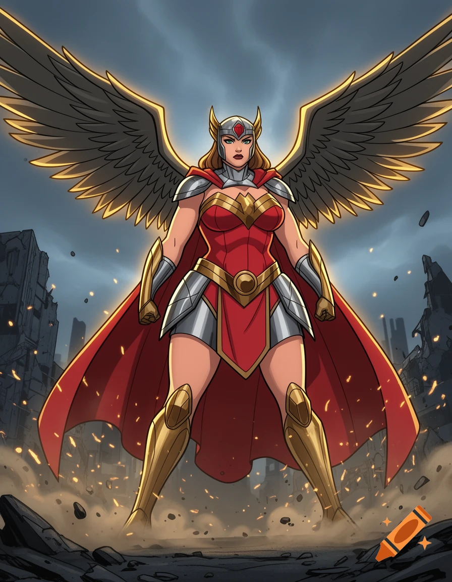 Comic book style illustration of a plus-size superheroine with large wings, wearing red and gold armor amidst a ruined city.