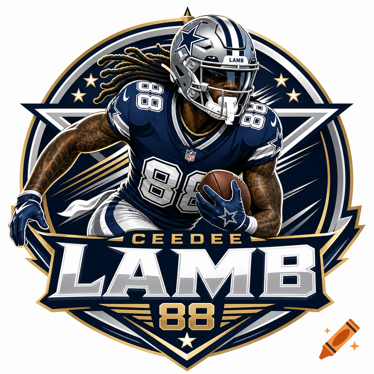 Digital art logo featuring a football player in a Dallas Cowboys uniform and helmet, with text reading CEEBEE LAMB 88.