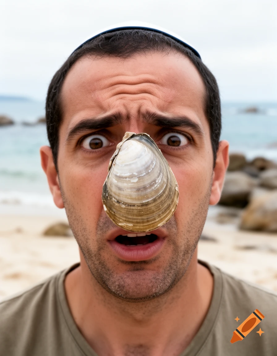 Close-up photorealistic portrait of a man with a clam clamped to his nose on a beach.