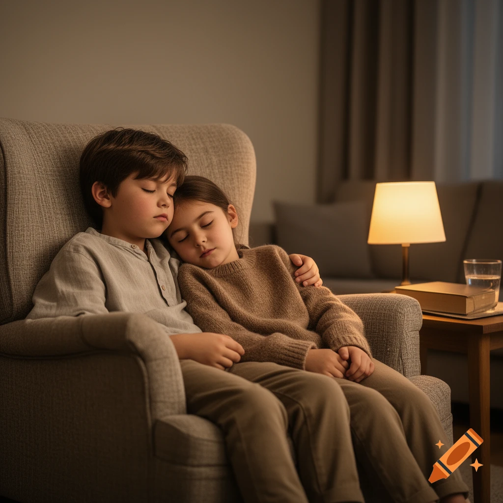 Photorealistic image of a young boy and girl sleeping together while sitting in an armchair in a cozy living room.