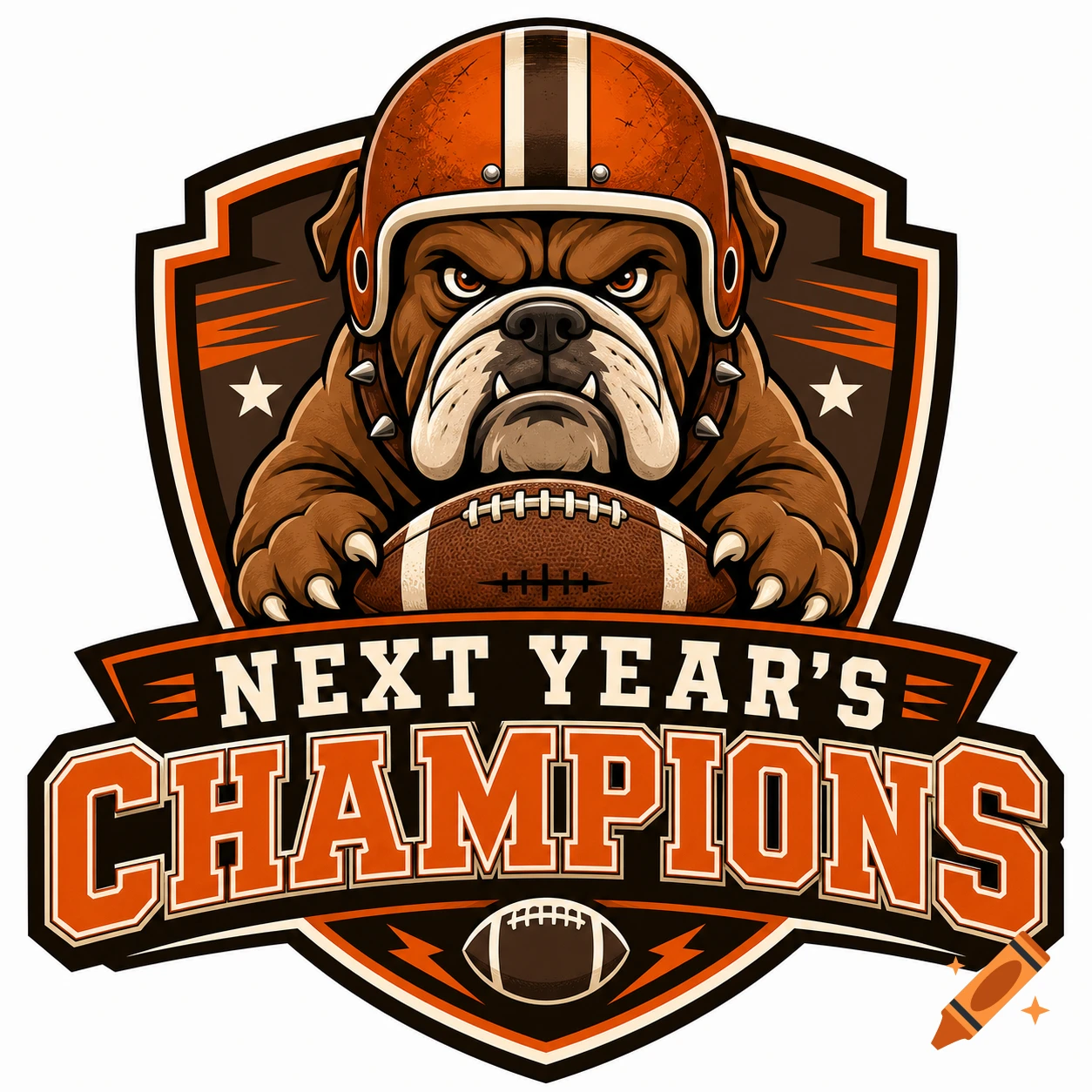Vector sports logo featuring a fierce bulldog wearing an American football helmet, holding a football, with text reading 'NEXT YEAR'S CHAMPIONS'.