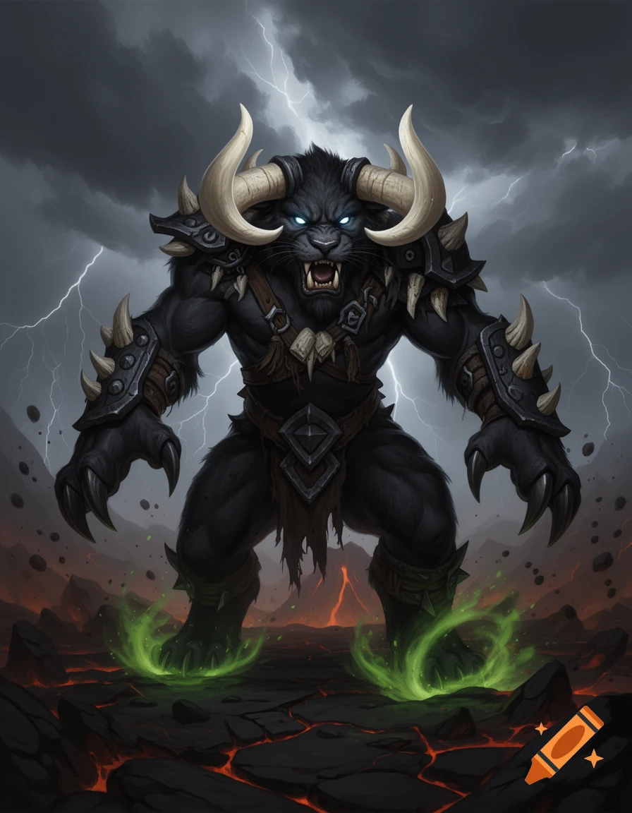Digital painting of a muscular, black-furred tauren feral druid in cat form with large horns and spiked armor amidst a stormy volcanic landscape.