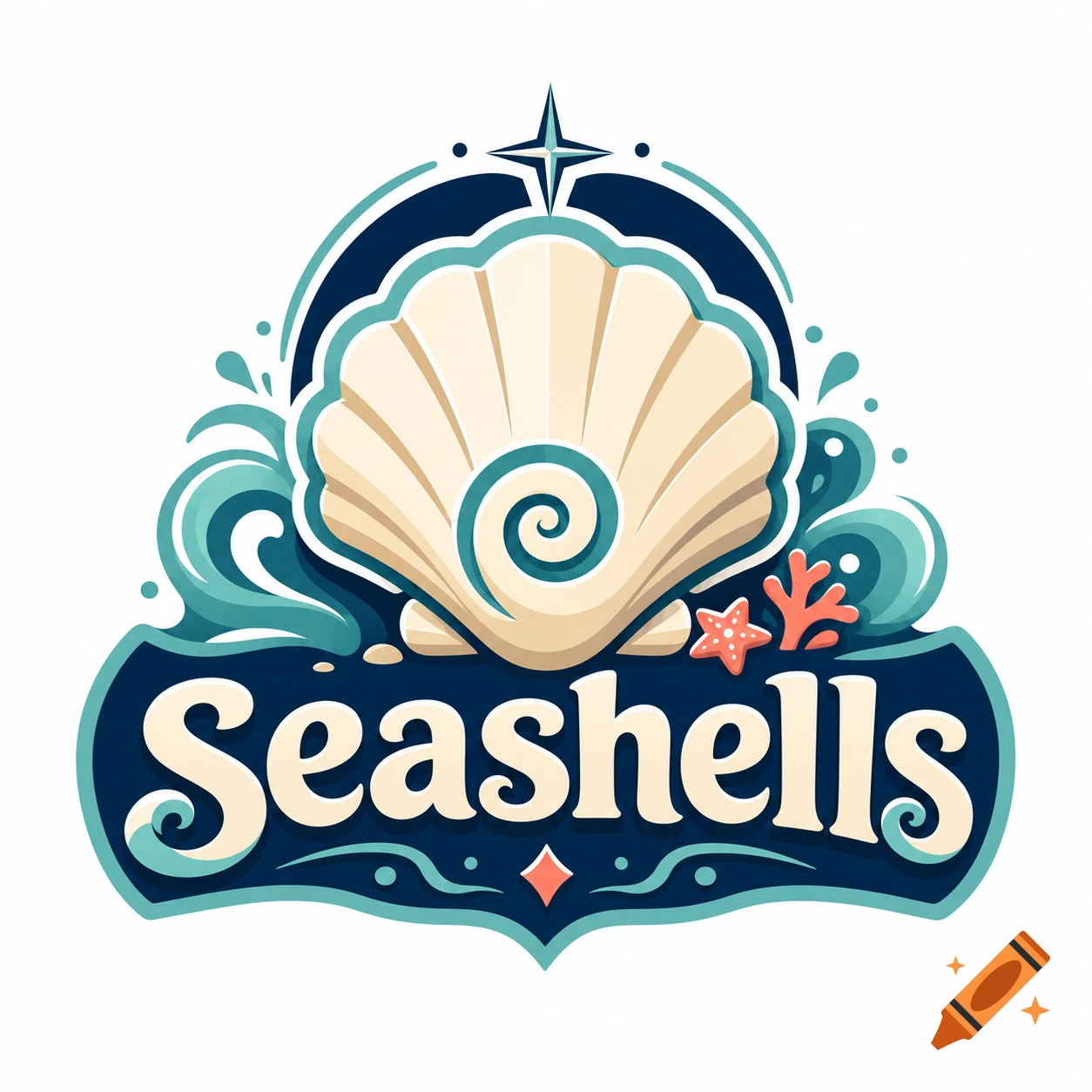 Vector style logo for a game called Seashells featuring a large seashell, water waves, and a star.