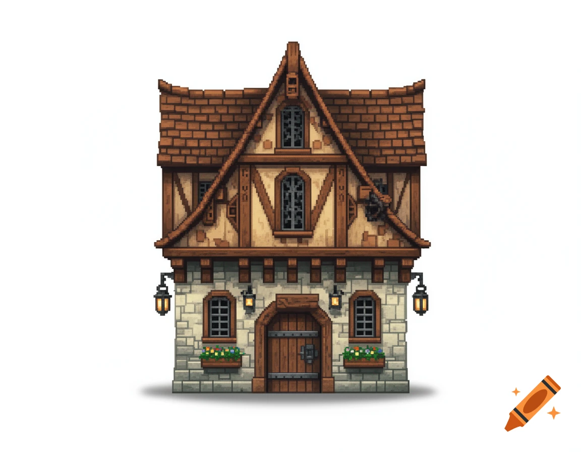 2D pixel art sprite of a medieval half-timbered house with stone ground floor, wooden roof, and lanterns on a white background.