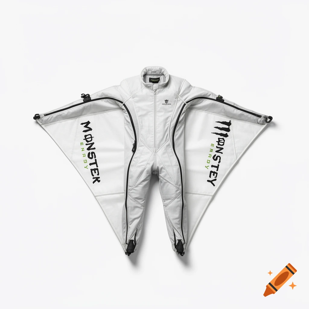 Flat-lay product photography of a white wingsuit with black Monster Energy branding on a white background.
