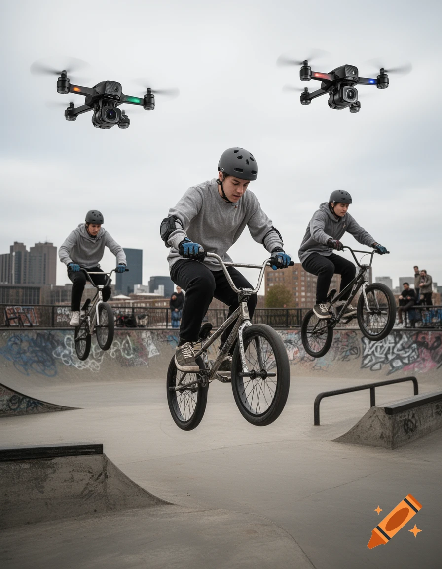 Photorealistic image of a BMX rider doing a trick in a skatepark while two drones hover overhead in a cloudy city setting.