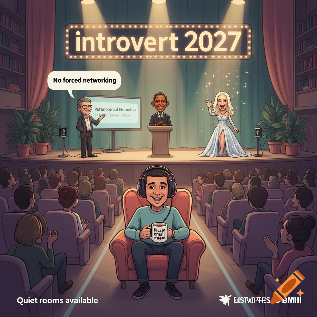 Animated illustration of an introvert in a theater wearing headphones, with a marquee reading 'introvert 2027' and famous figures on stage.