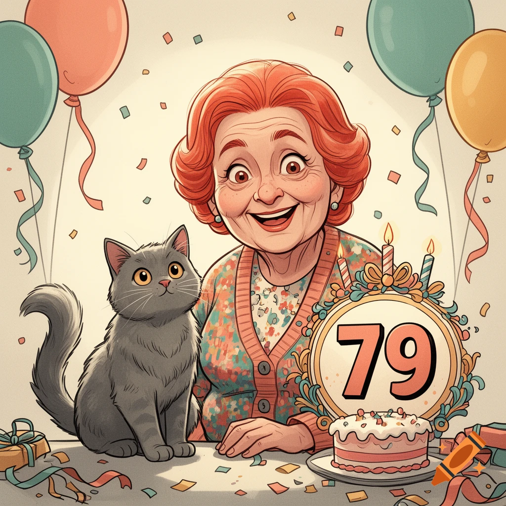 Cartoon illustration of a smiling elderly woman with red hair, a grey cat, and a birthday cake with the number 79.