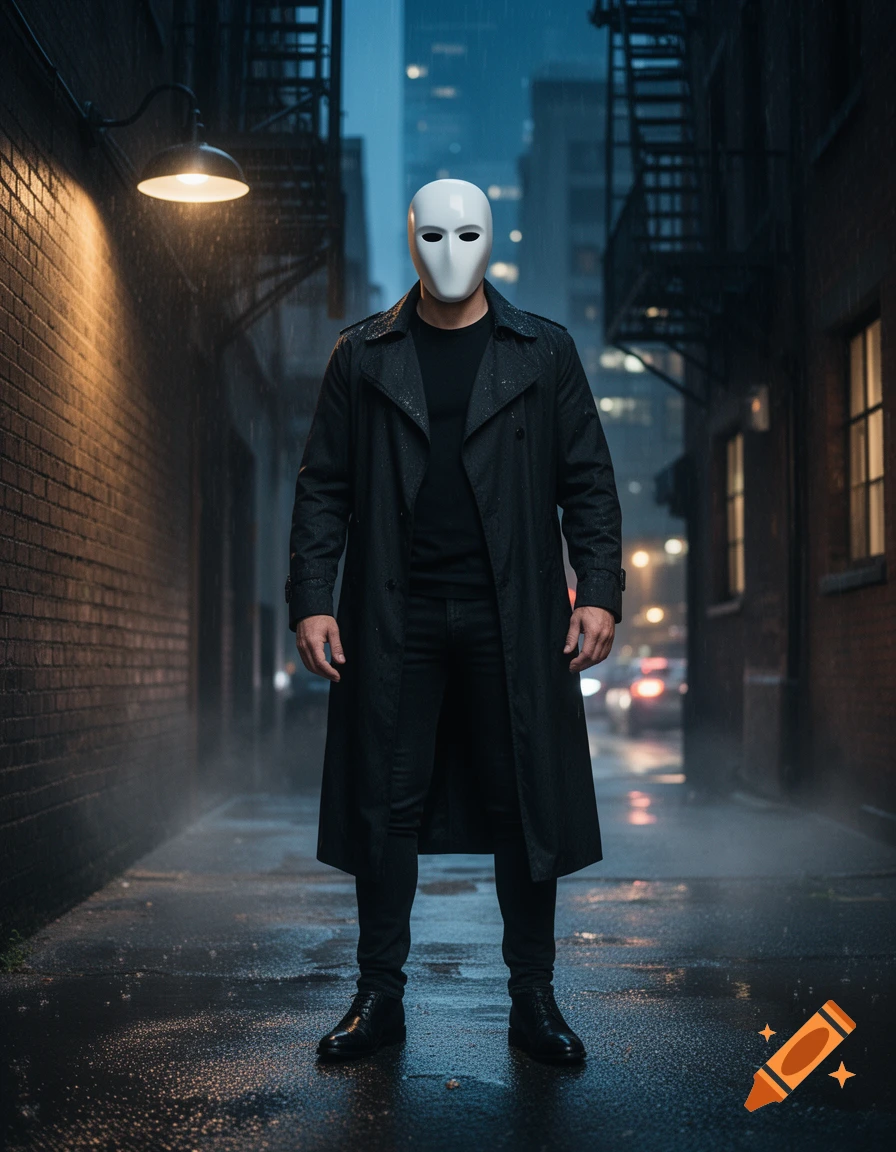 Photorealistic image of a vigilante wearing a white mask and black trench coat standing in a wet city alley at night.