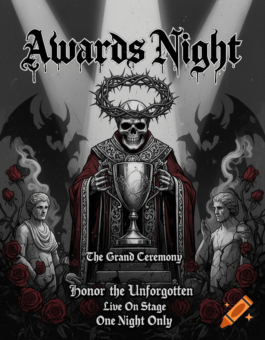 Death metal style concert poster for Awards Night featuring a skeletal figure wearing a crown of thorns holding a chalice.