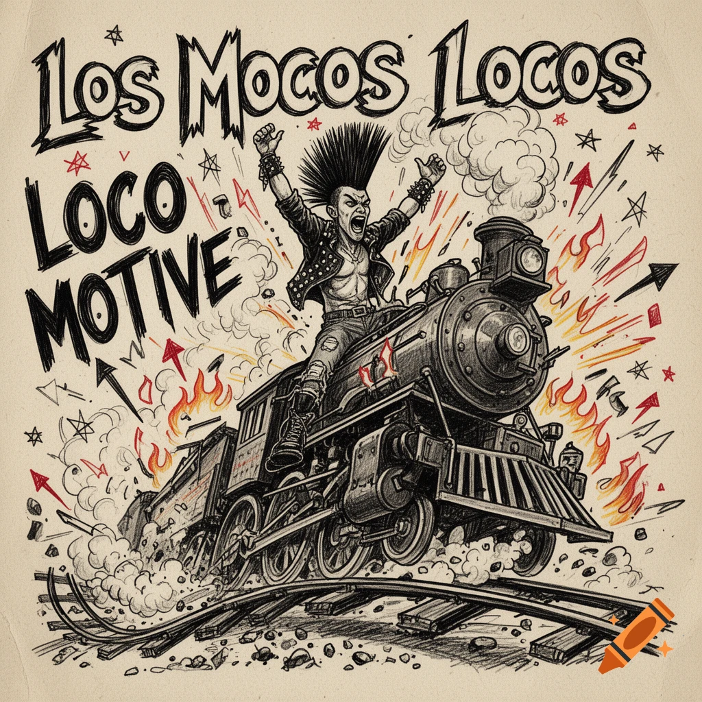 Black and white ink drawing of a punk rocker with a mohawk riding a derailed locomotive like a horse, with high school desk style doodles.