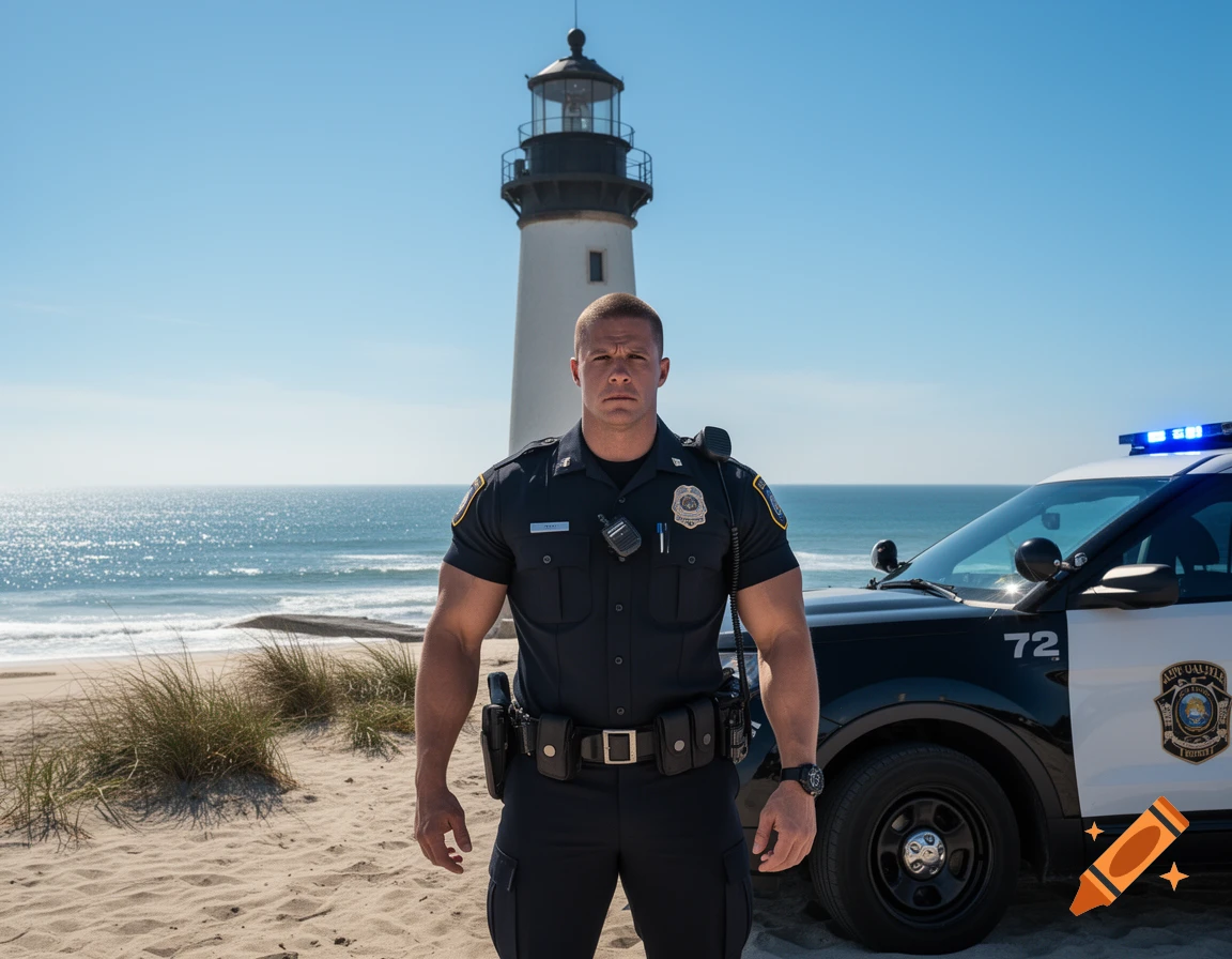 Photorealistic image of a muscular police officer standing on a sandy beach in front of a lighthouse and a police SUV.