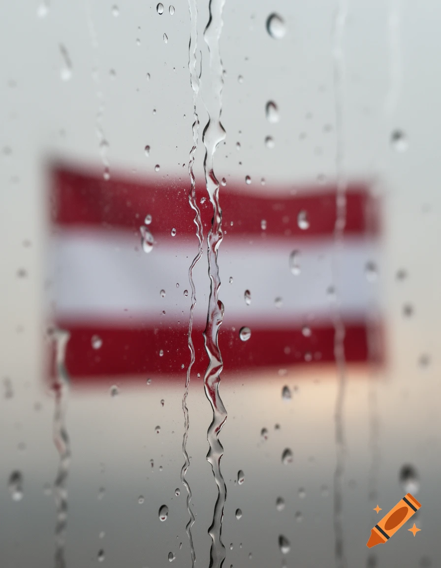 Close-up of raindrops trickling down a windowpane with a blurred Austrian flag in the background.