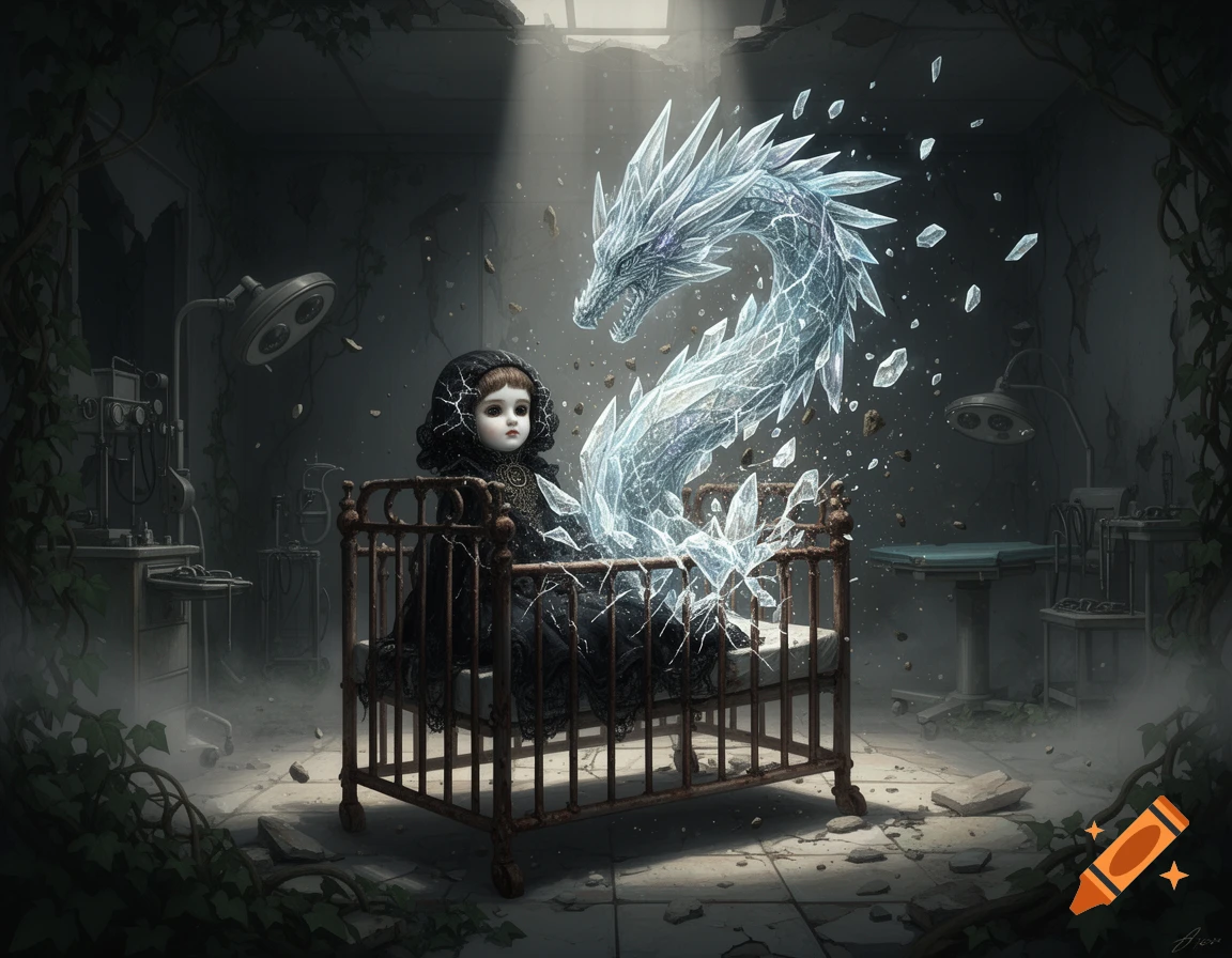 Dark gothic digital art of a porcelain doll in a rusty crib transforming into a glowing crystal dragon inside a ruined hospital.