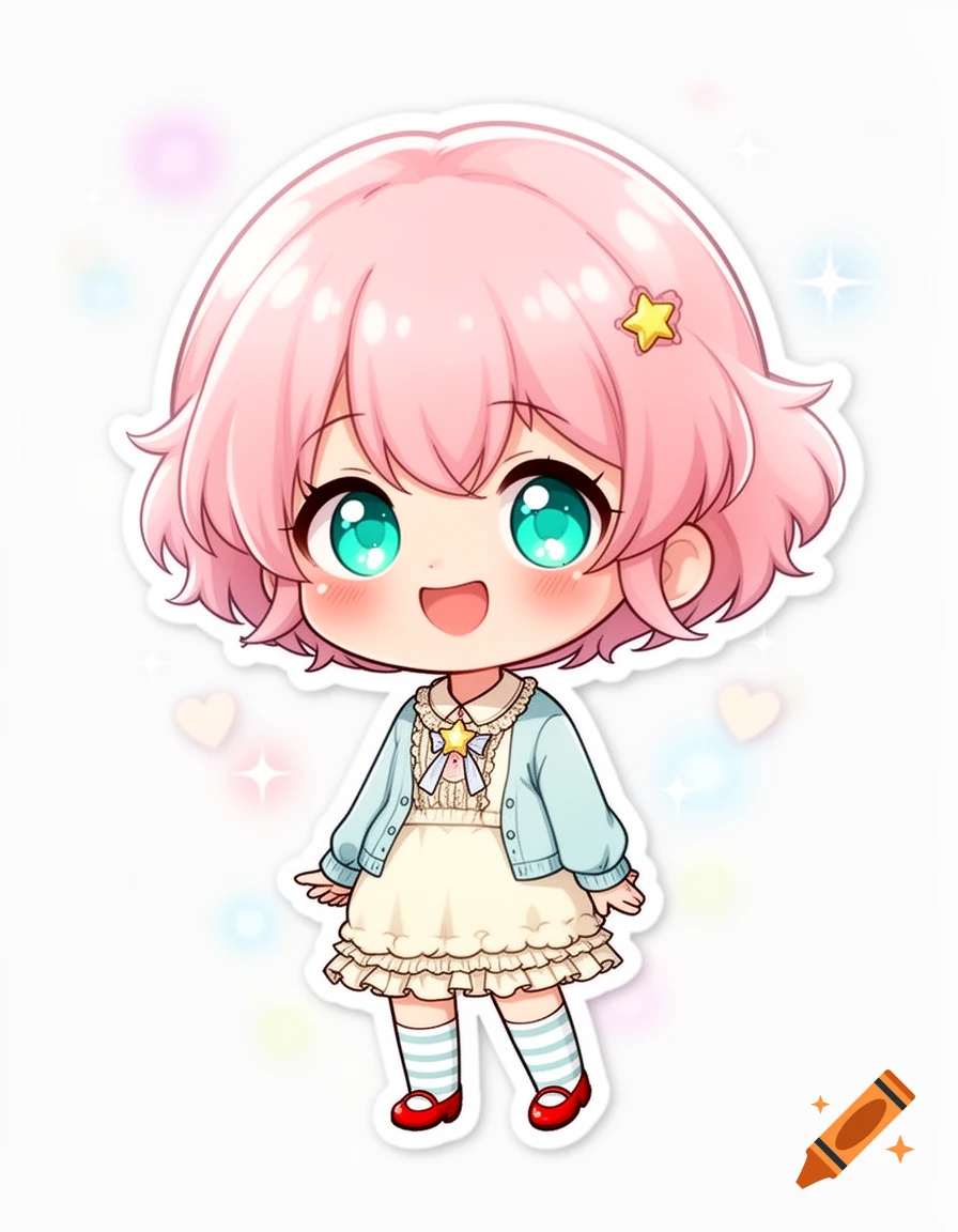 Chibi anime girl with pink hair, turquoise eyes, and a light blue cardigan, sticker style.