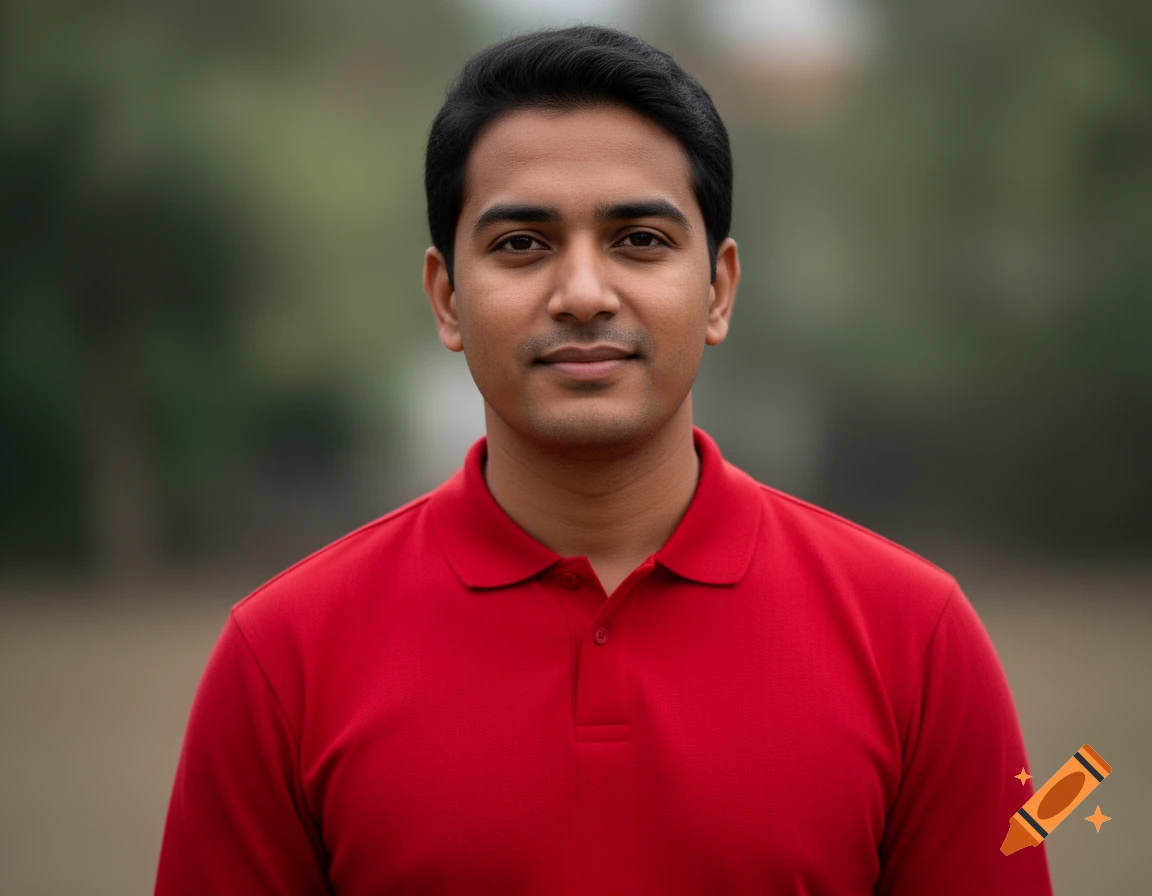 Photorealistic portrait of a young man with dark hair wearing a red polo shirt, against a blurred outdoor background.