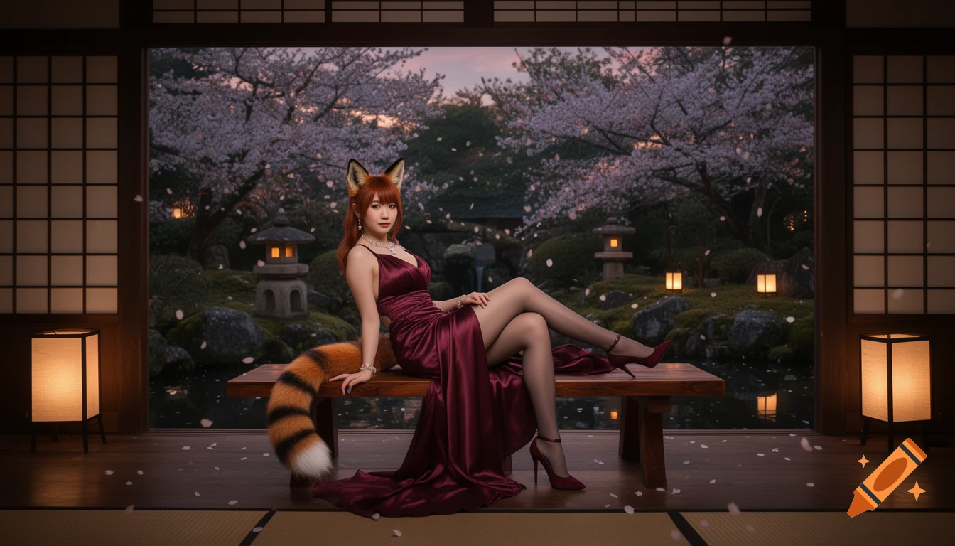 Cinematic photorealistic image of a woman with fox ears and a plush tail sitting on a bench in a traditional Japanese room overlooking a cherry blossom garden at dusk.