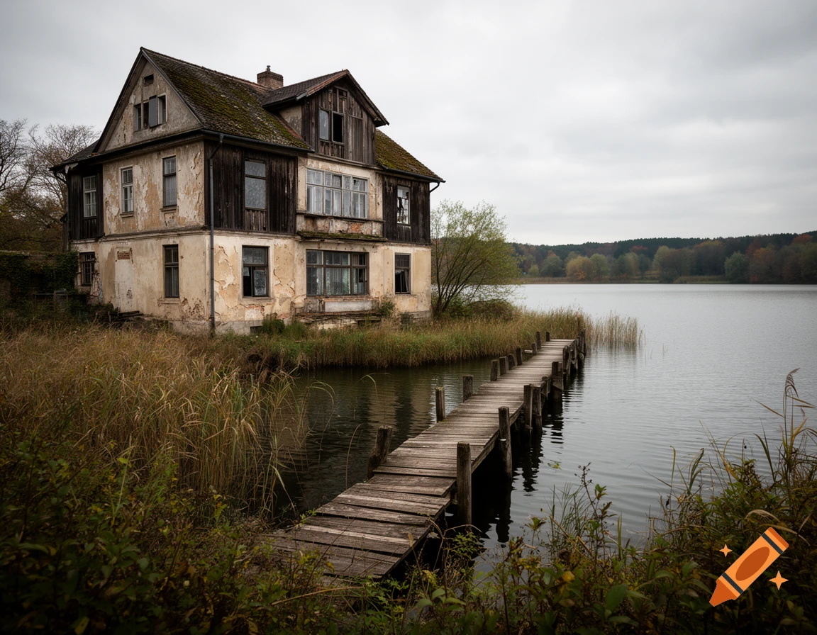 Photorealistic image of an old, dilapidated house by a lake with a wooden pier leading into the water under an overcast sky.