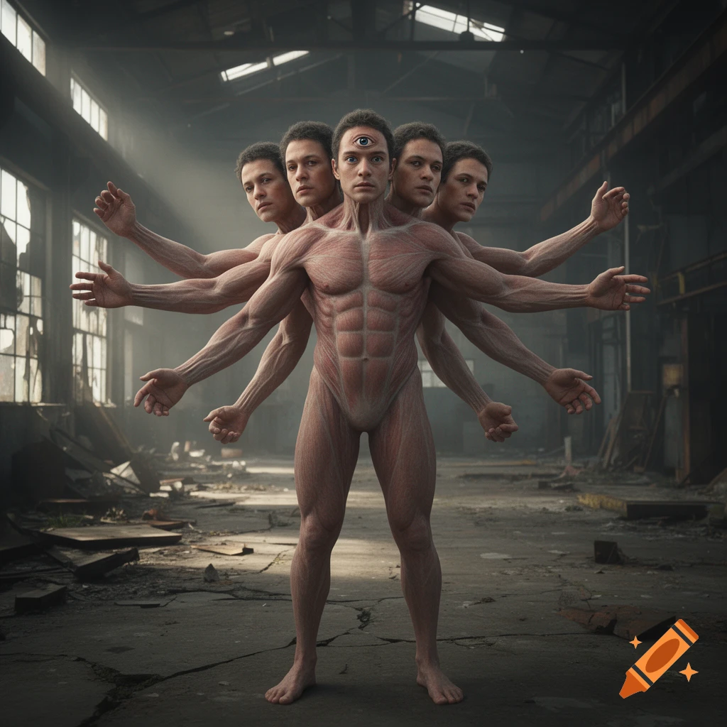 Photorealistic image of a mutated human with multiple arms, heads, and a third eye standing in an abandoned industrial warehouse.