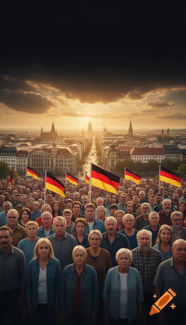 A large crowd of diverse people holding German flags in foreground, looking towards a city at sunrise under a dramatic sky, photorealistic.