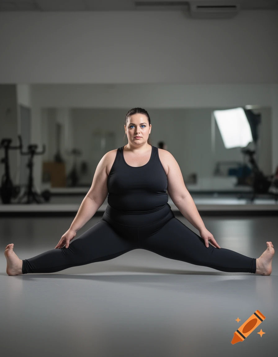 Photorealistic image of a plus-size woman with dark hair and blue eyes performing a side split in a gym.
