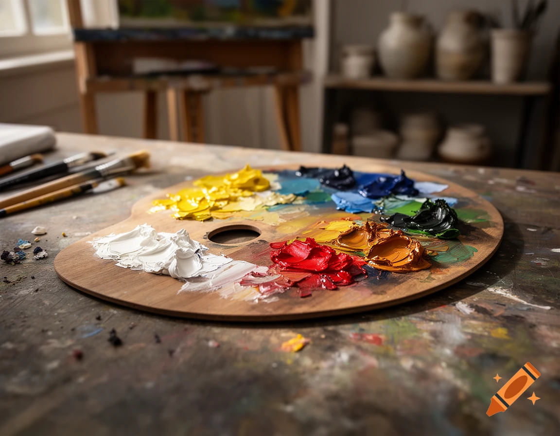A close-up photorealistic shot of a wooden artist palette with colorful oil paint dabs on a cluttered work table.