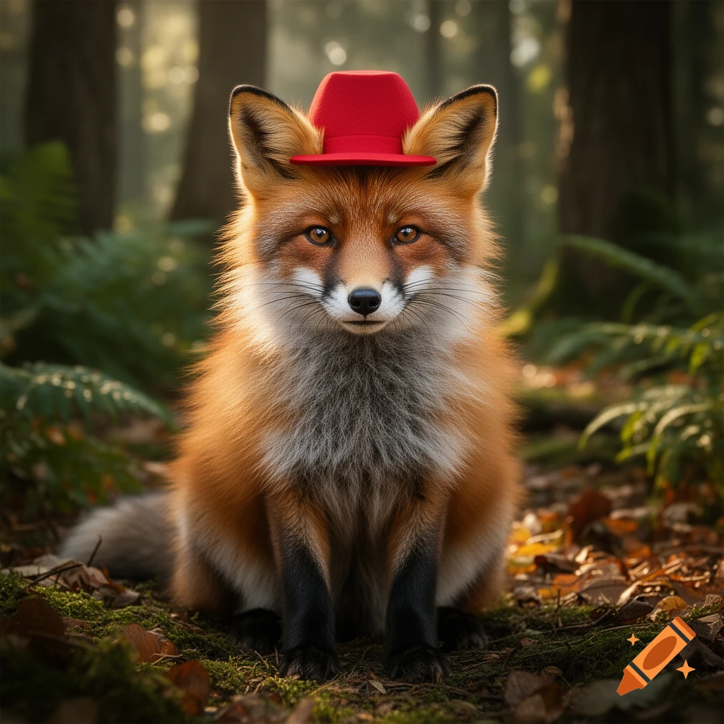 Photorealistic red fox wearing a small red hat, sitting in a forest among ferns and fallen leaves.