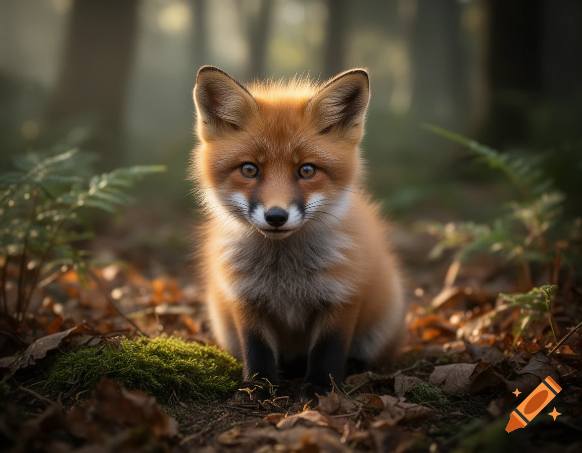 Photorealistic close-up of a cute red fox kit sitting among moss and dry leaves in a misty forest.