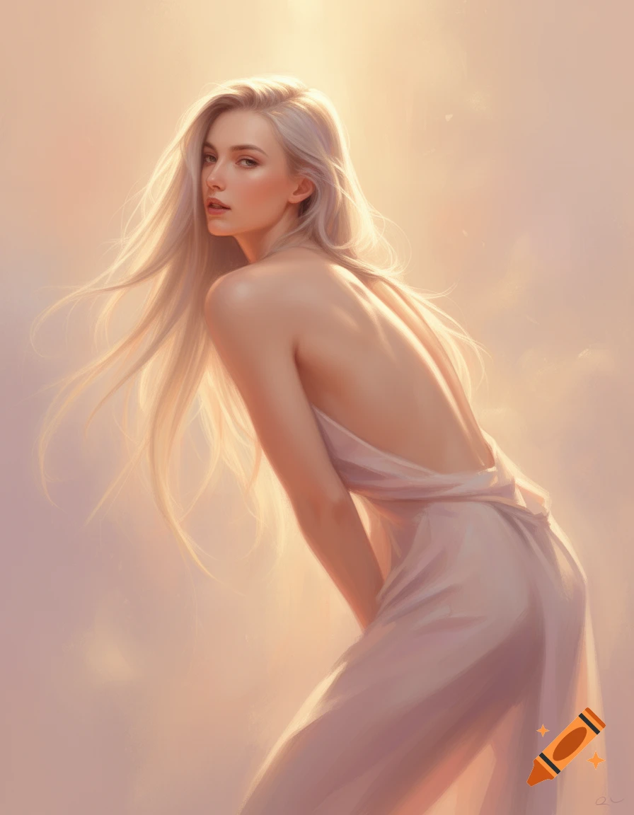 Digital painting of a young woman with long light hair in a flowing white dress, looking back over her shoulder in warm, soft light.