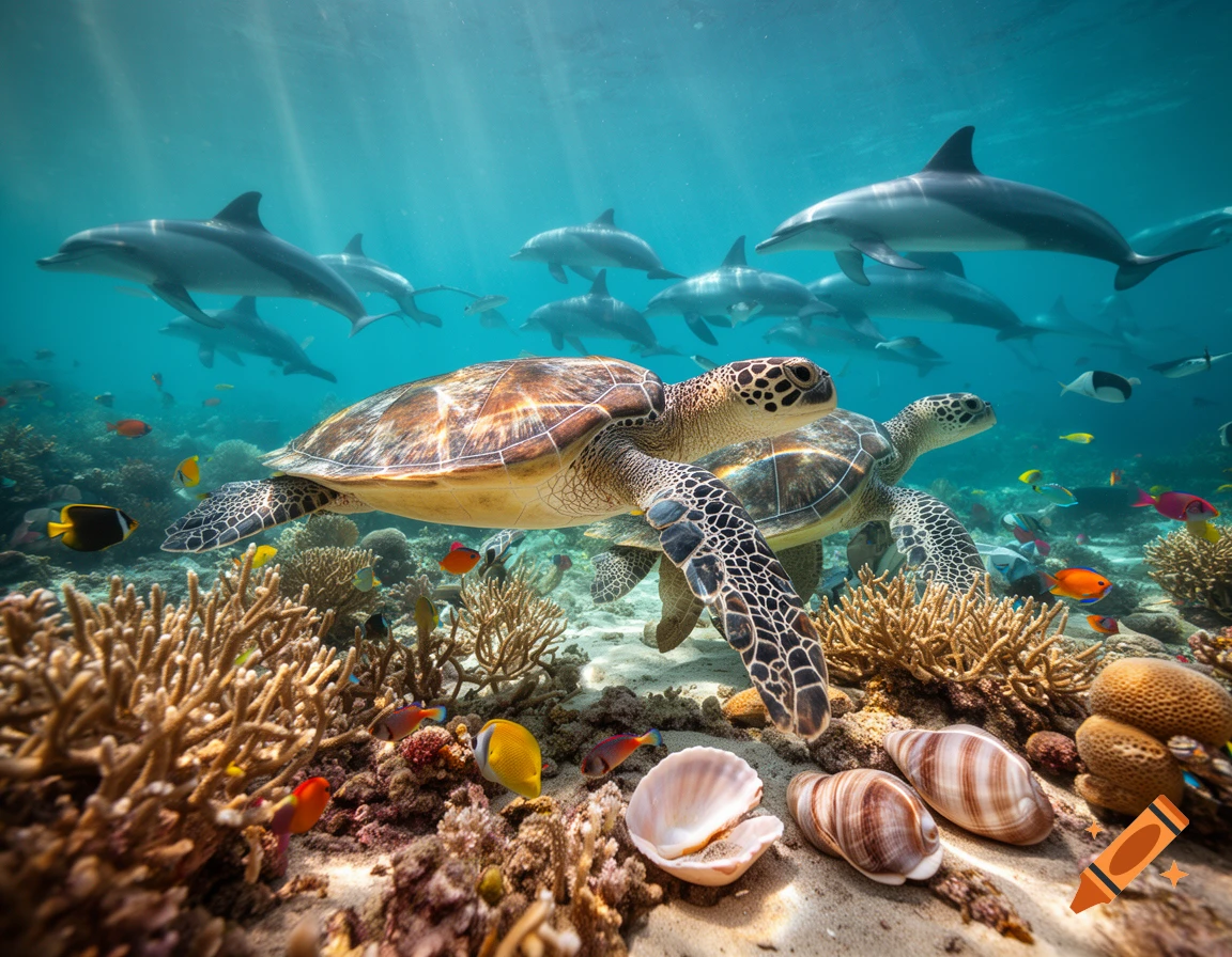 Photorealistic underwater scene with sea turtles, dolphins, coral reef, and seashells on the sandy seabed.
