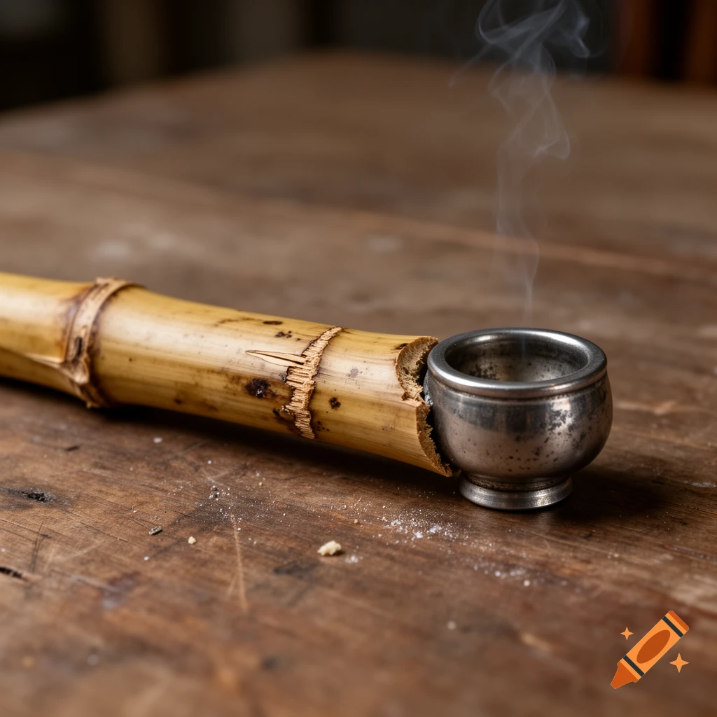 Close-up photorealistic shot of a bamboo opium pipe with a metal bowl resting on a rustic wooden table, with a wisp of smoke.