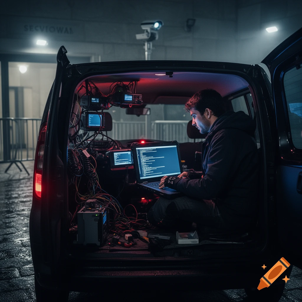 Photorealistic scene of a man typing on a laptop inside the back of a dark van filled with electronics and wires.