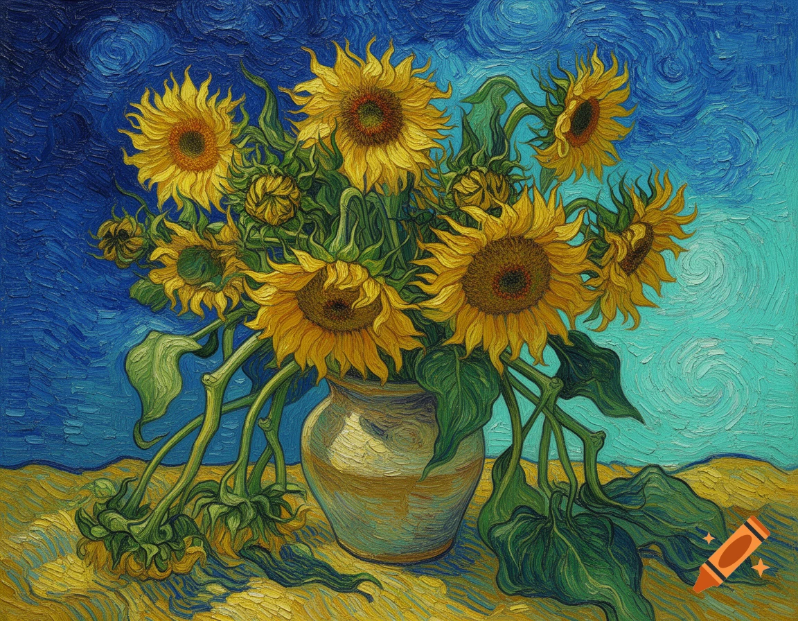 An oil painting of sunflowers in a ceramic vase in the style of Vincent van Gogh against a swirling blue background.