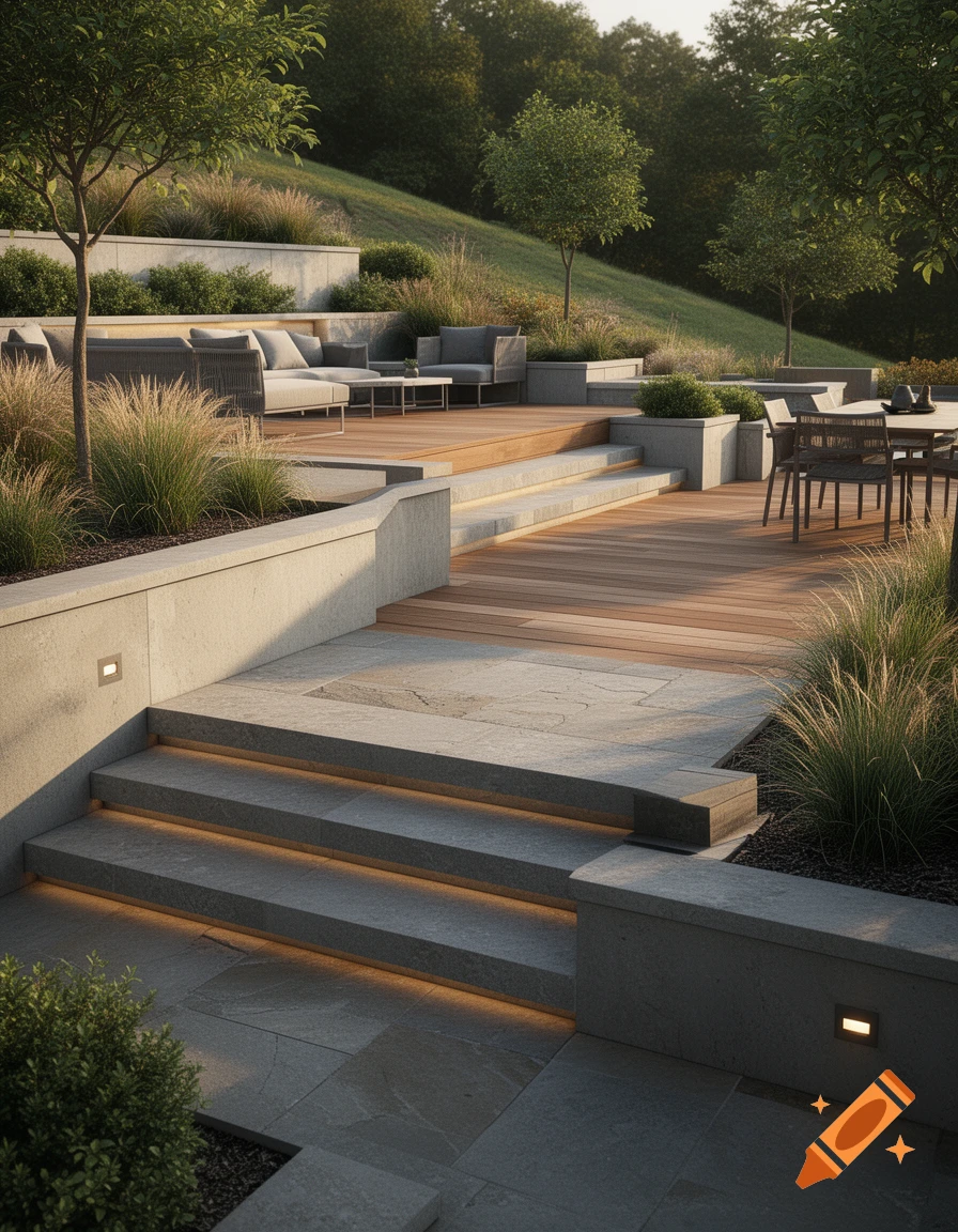 Photorealistic multi-level terrace garden with wooden decking, stone stairs, embedded lighting, and outdoor seating.