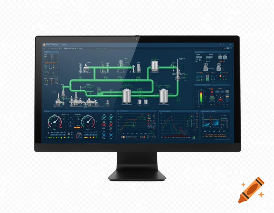 A modern computer monitor displaying SCADA software with industrial diagrams and graphs against a transparent background.