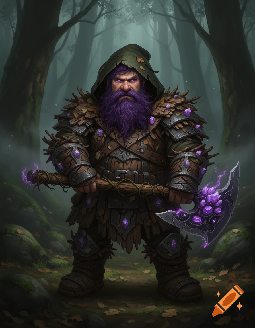 Full-body character illustration of a stout fantasy dwarf warrior with a purple beard, green hood, and a crystal-infused battle axe in a misty forest.