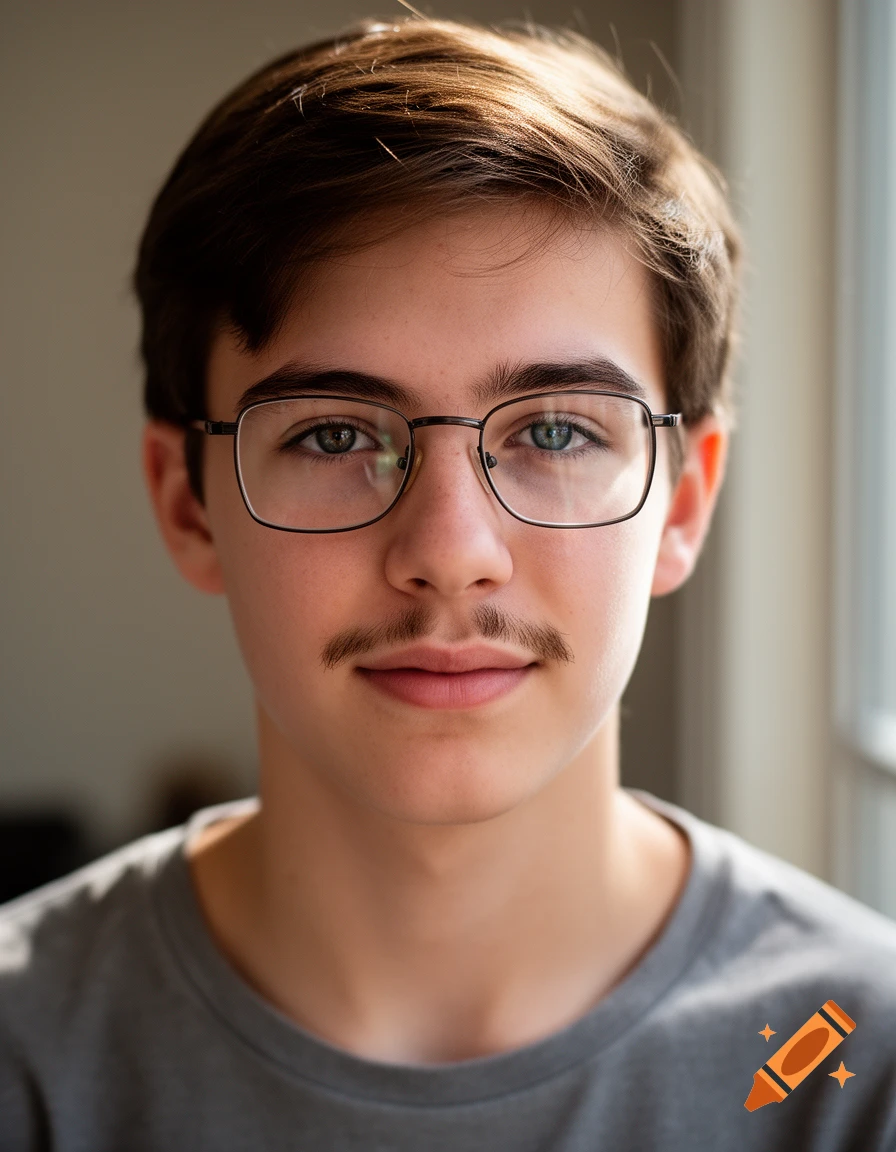 Photorealistic portrait of a 16-year-old male with brown hair, glasses, and a faint mustache looking at the camera.