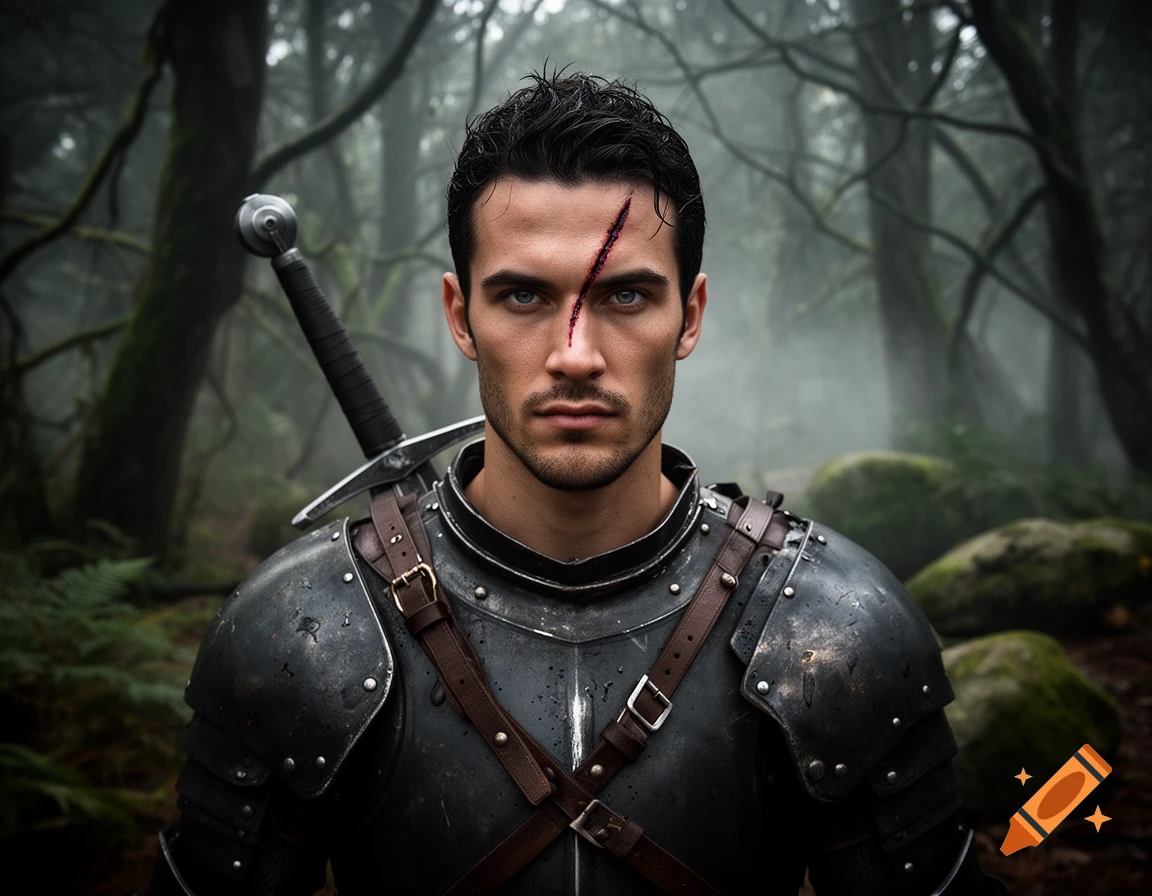 Photorealistic portrait of a young male knight in dark armor with a scar on his face, standing in a foggy dark forest.