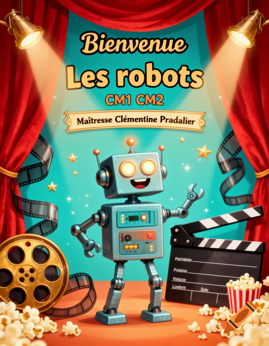 Colorful classroom door poster featuring a friendly Wall-E style robot, cinema theme with film reels, popcorn, and French text, digital illustration.