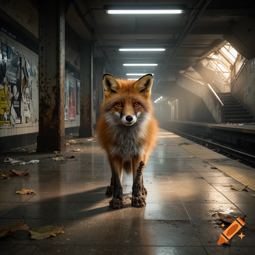 Photorealistic image of a red fox standing on a subway platform in a dark, atmospheric underground station.