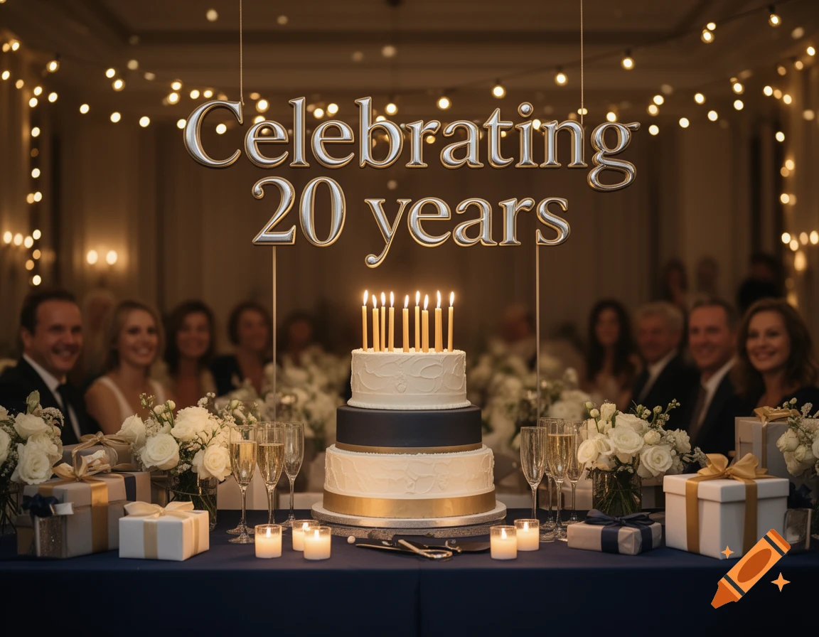 Photorealistic image of a 20th anniversary cake with candles, champagne glasses, and guests in the background.