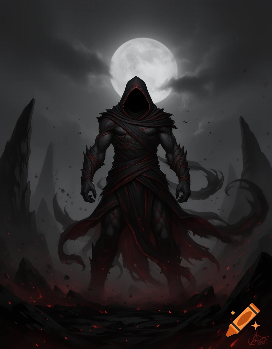 A dark, muscular demon figure in a black and red hooded cloak standing before a full moon, digital art.