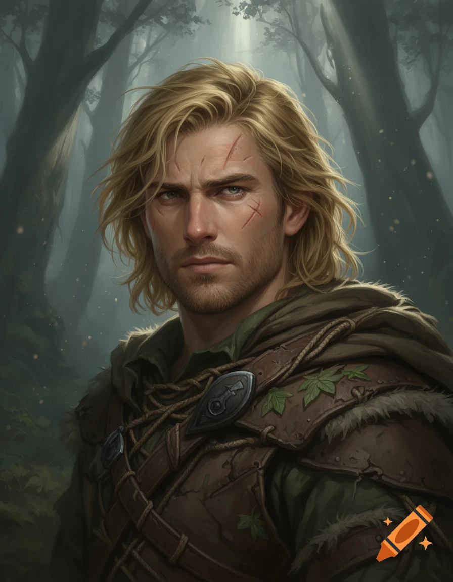Portrait of a blonde human male ranger with scars and forest garb, d&d style.