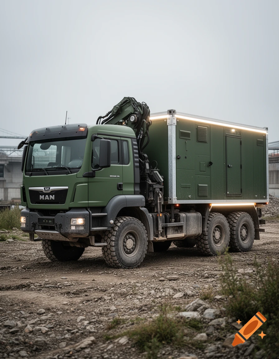 Photorealistic image of a green military truck with a loading crane and workshop container parked on a gravel surface.