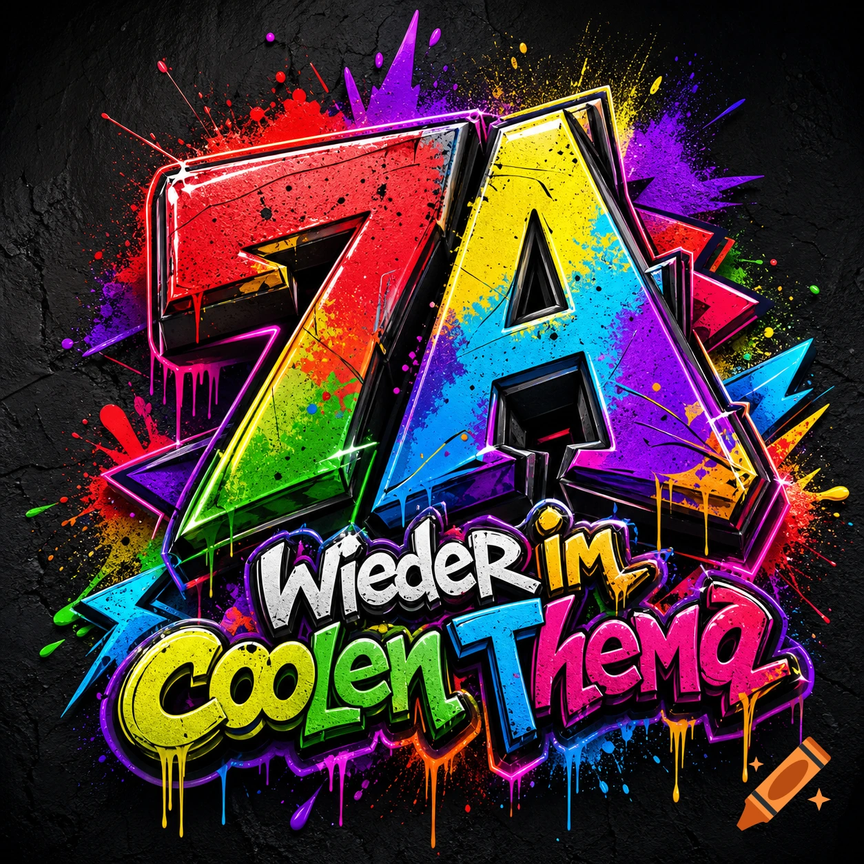 Colorful 3D graffiti style logo with the text '7A' and 'Wieder im coolen Thema'.