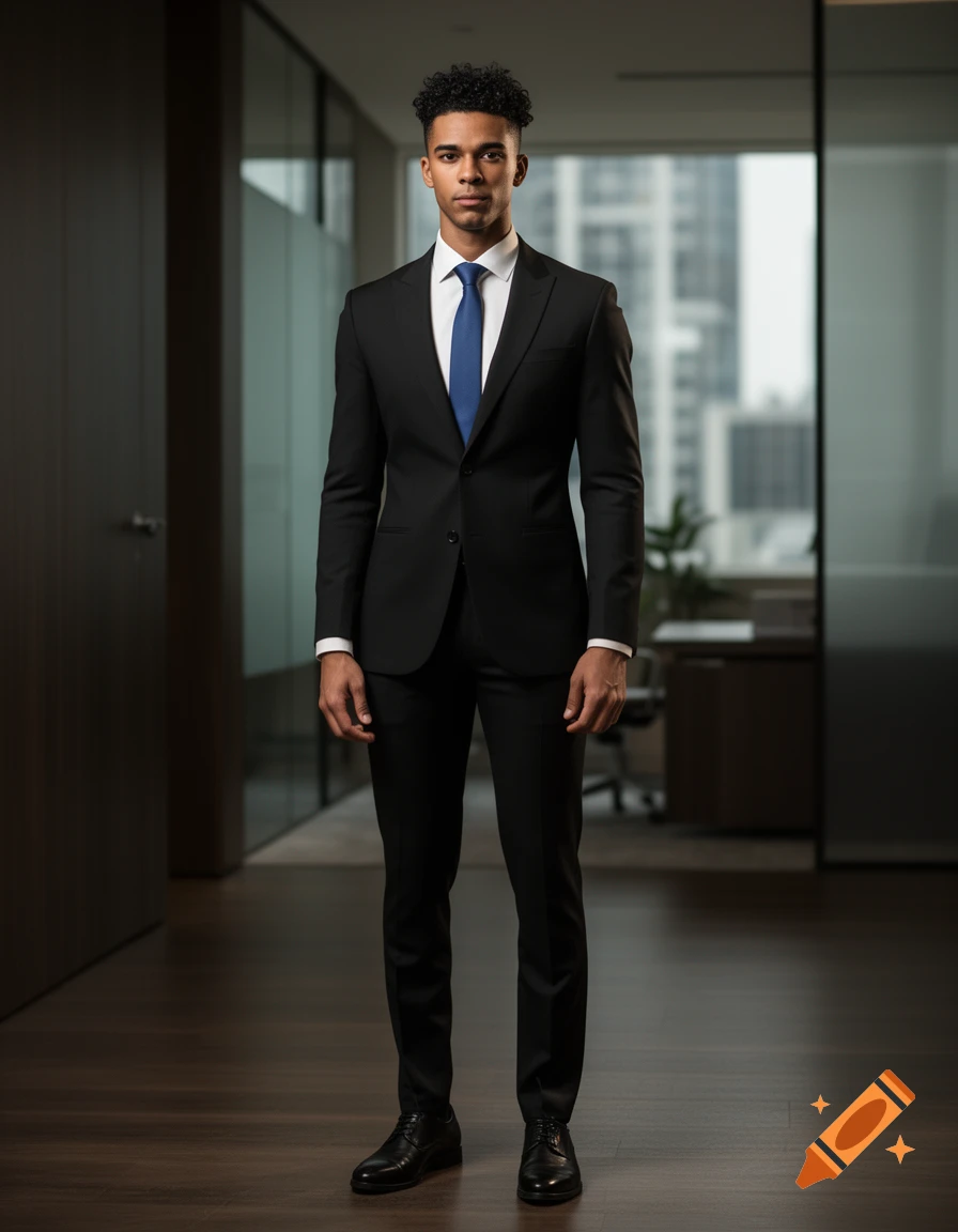 Photorealistic full-body portrait of a tall, athletic young man with short curly hair, wearing a black suit, white shirt, and blue tie in a modern office hallway.